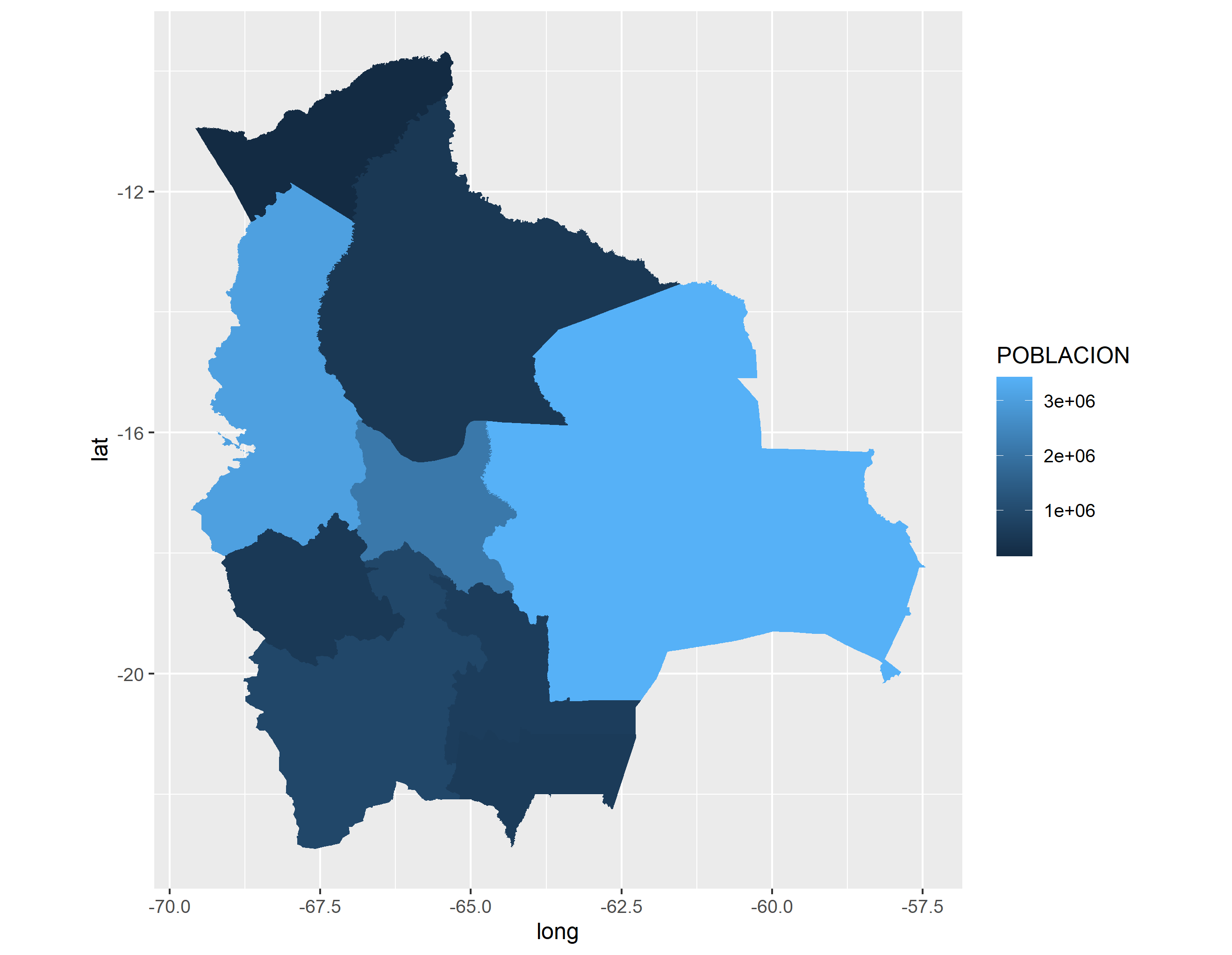 Mapa de Bolivia: Población por departamento