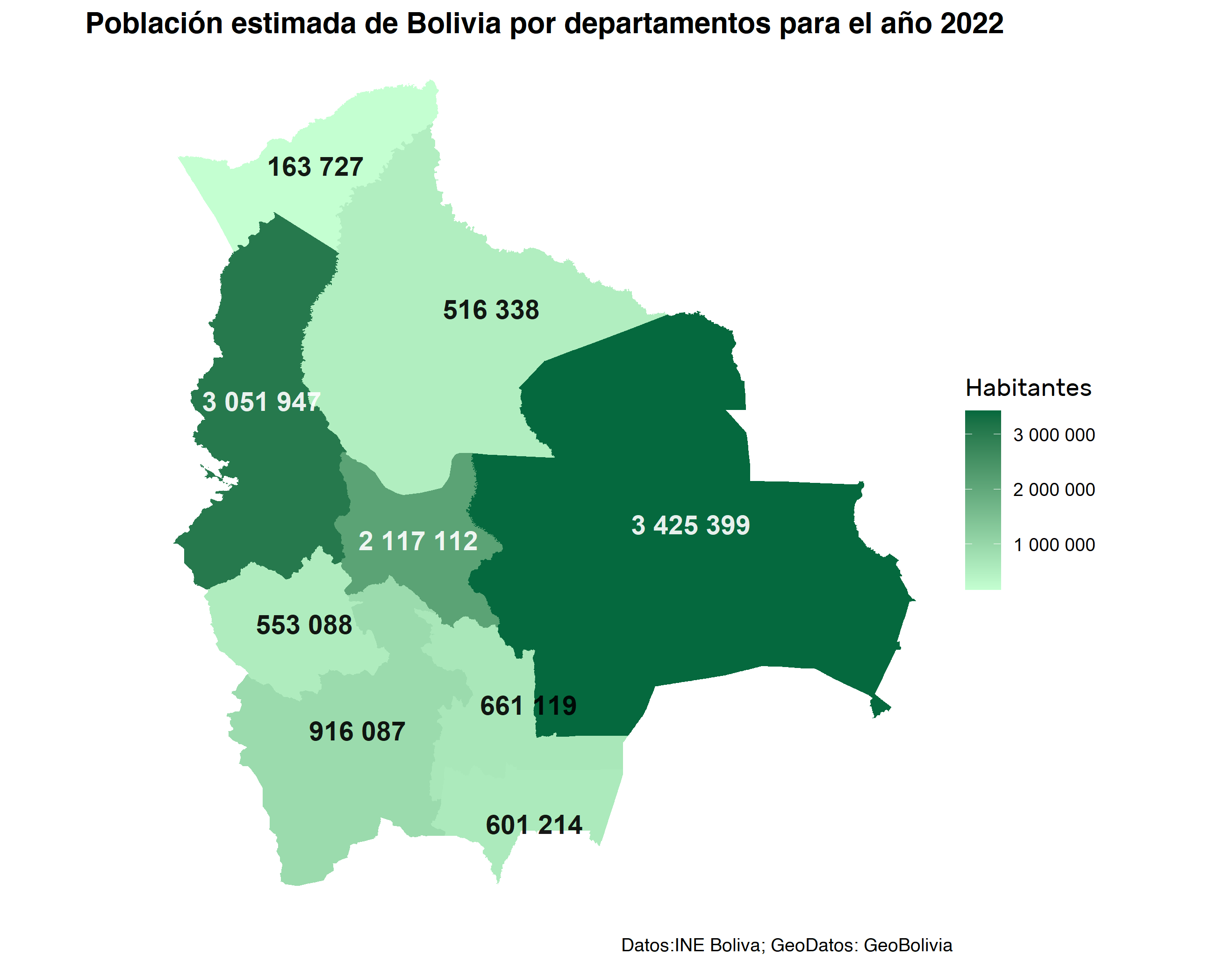 Mapa de Bolivia: Población por departamento