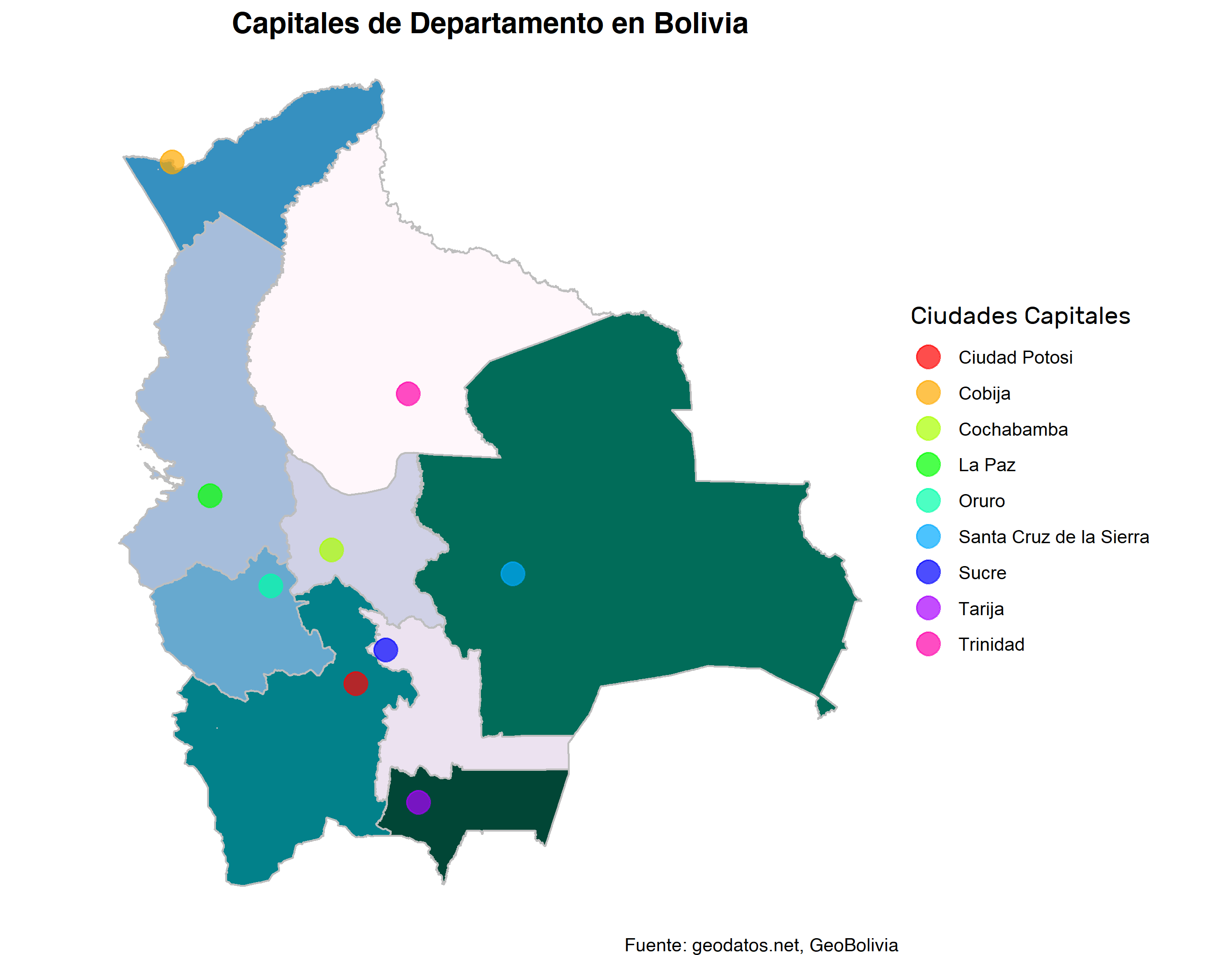 Mapa de Bolivia: Capitales de departamento
